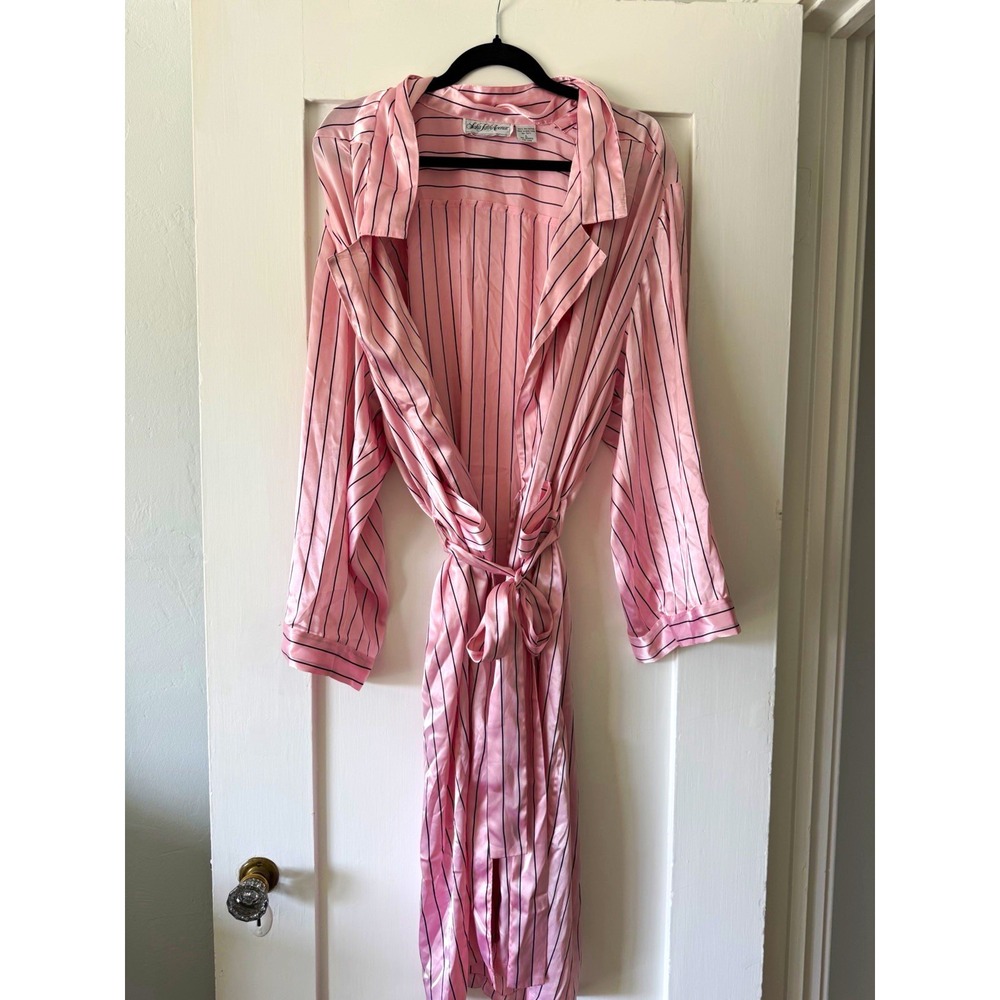 Vintage 80s Saks Fifth Avenue Pink Navy Pinstripe Satin Robe Belted Wrap Size L
